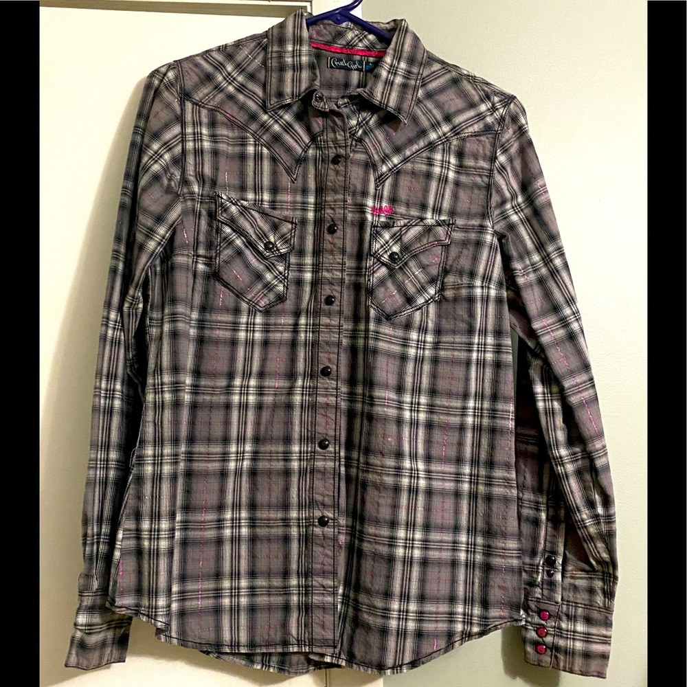Long sleeve pearl snap grey black and pink